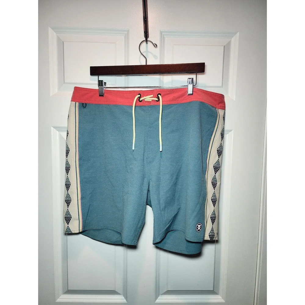 Roark‎ The Passage Boardshorts Mens 38 Blue Red Geometric Trim Swim Trunks